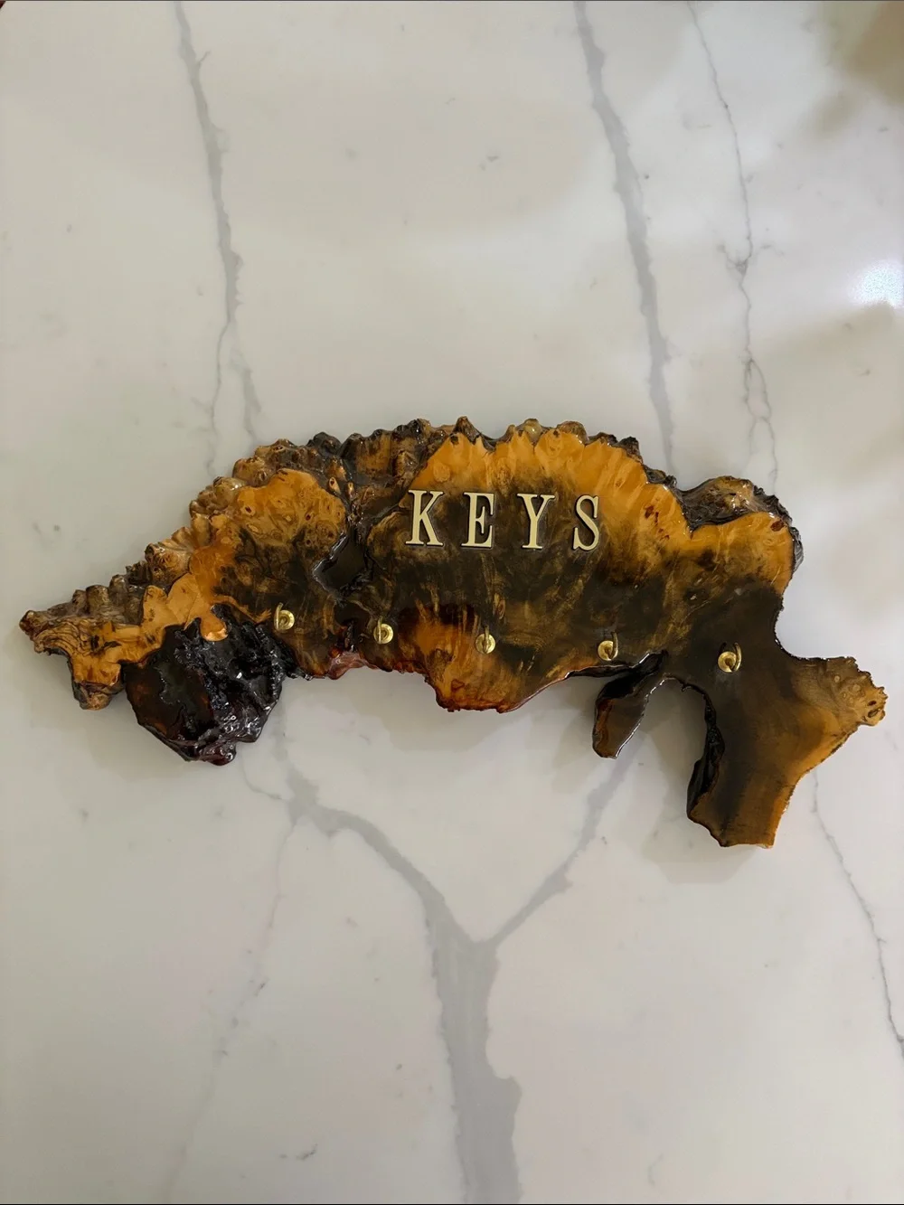 1970s Burl Wood Key Holder with Brass Hooks